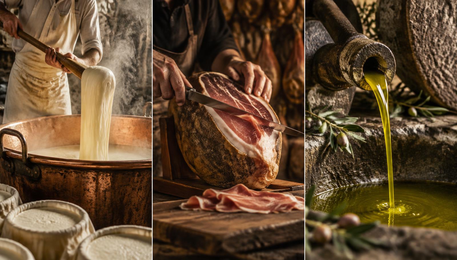 Lavorazione artigianale di formaggio, prosciutto e olio